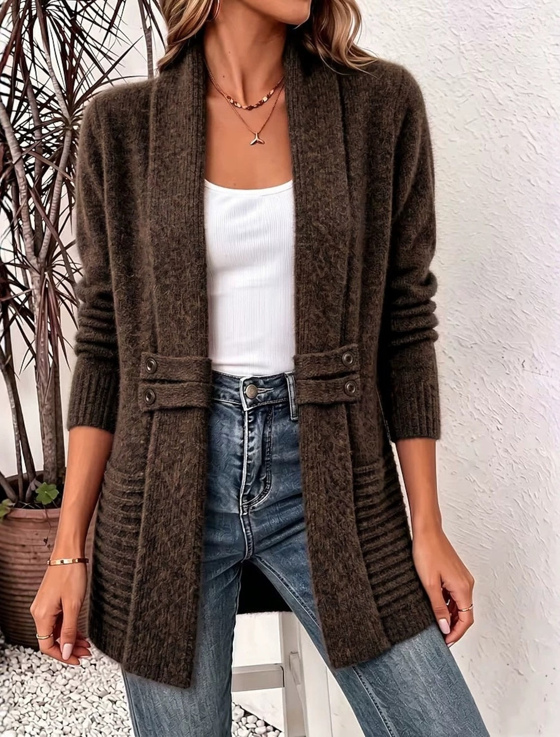 Gaia | Ribbed Knit Longline Cardigan with Button Tabs for Women