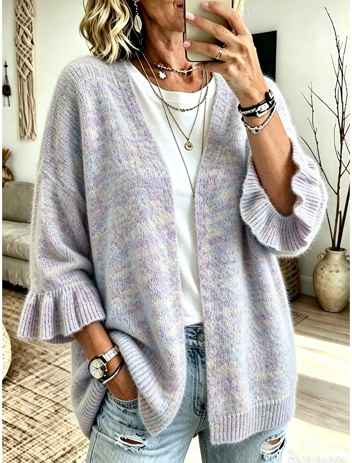 Franziska | Ribbed Open-Front Ruffle-Sleeve Cardigan for Women