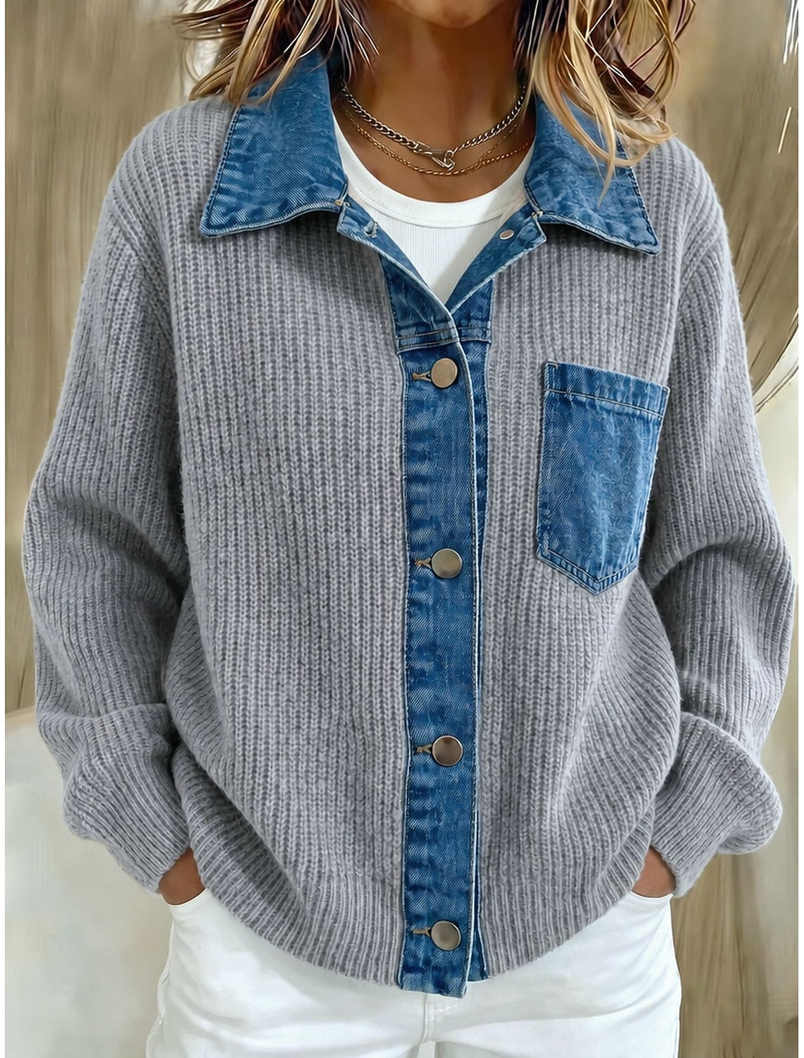 Denise | Ribbed Knit Contrast Collar Cardigan for Women
