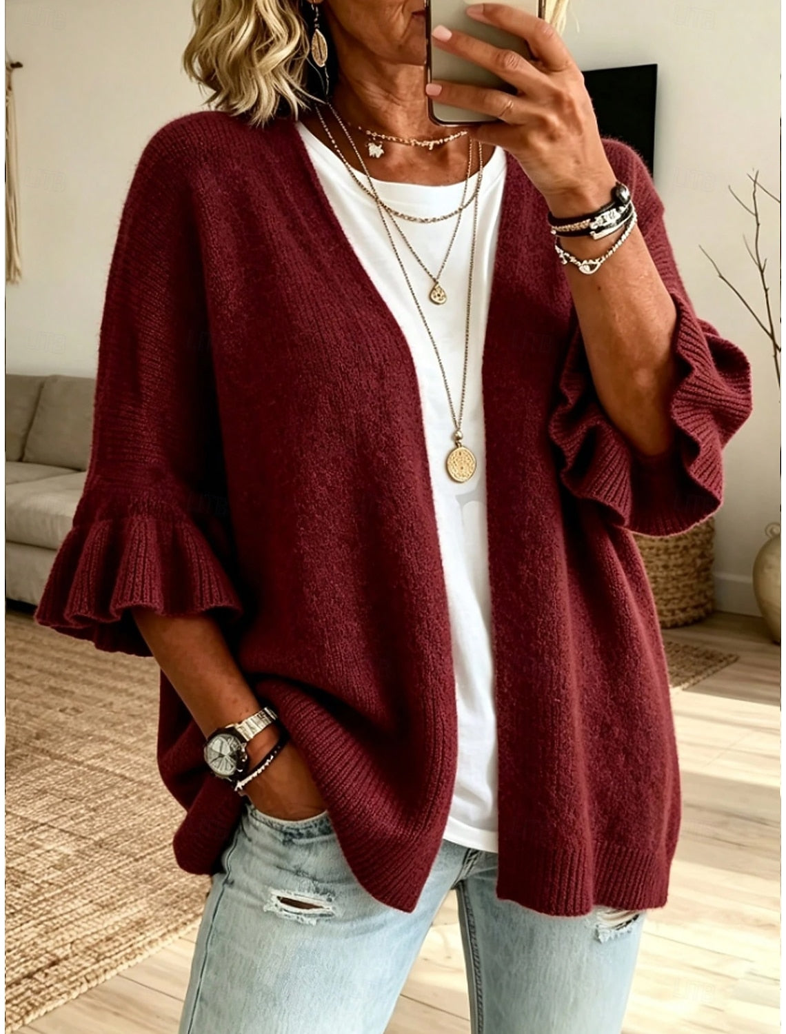 Franziska | Ribbed Open-Front Ruffle-Sleeve Cardigan for Women