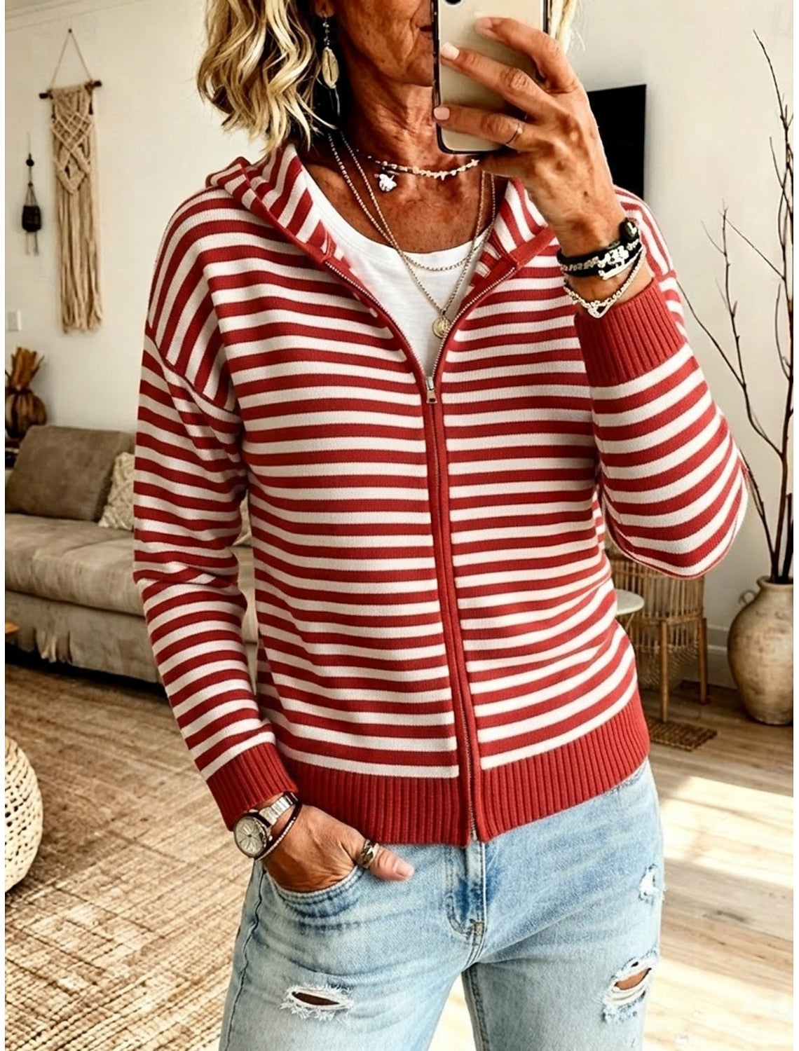 Flora | Striped Ribbed Hooded Zip Cardigan for Women