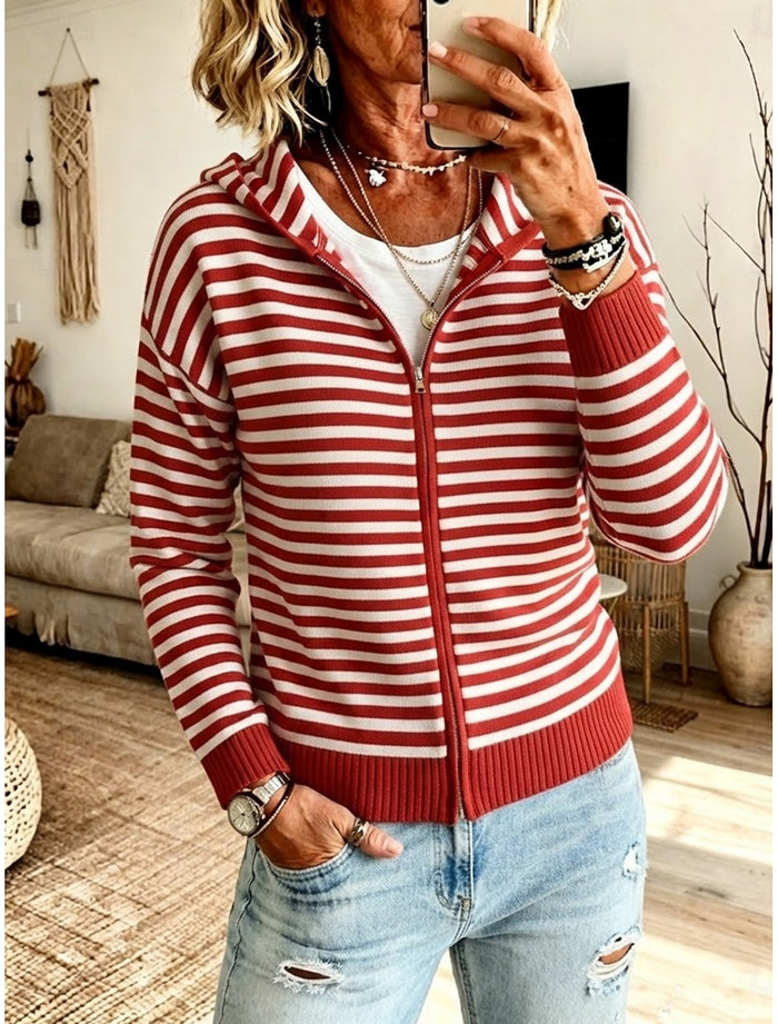 Flora | Striped Ribbed Hooded Zip Cardigan for Women
