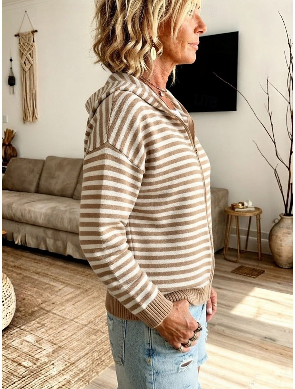 Flora | Striped Ribbed Hooded Zip Cardigan for Women
