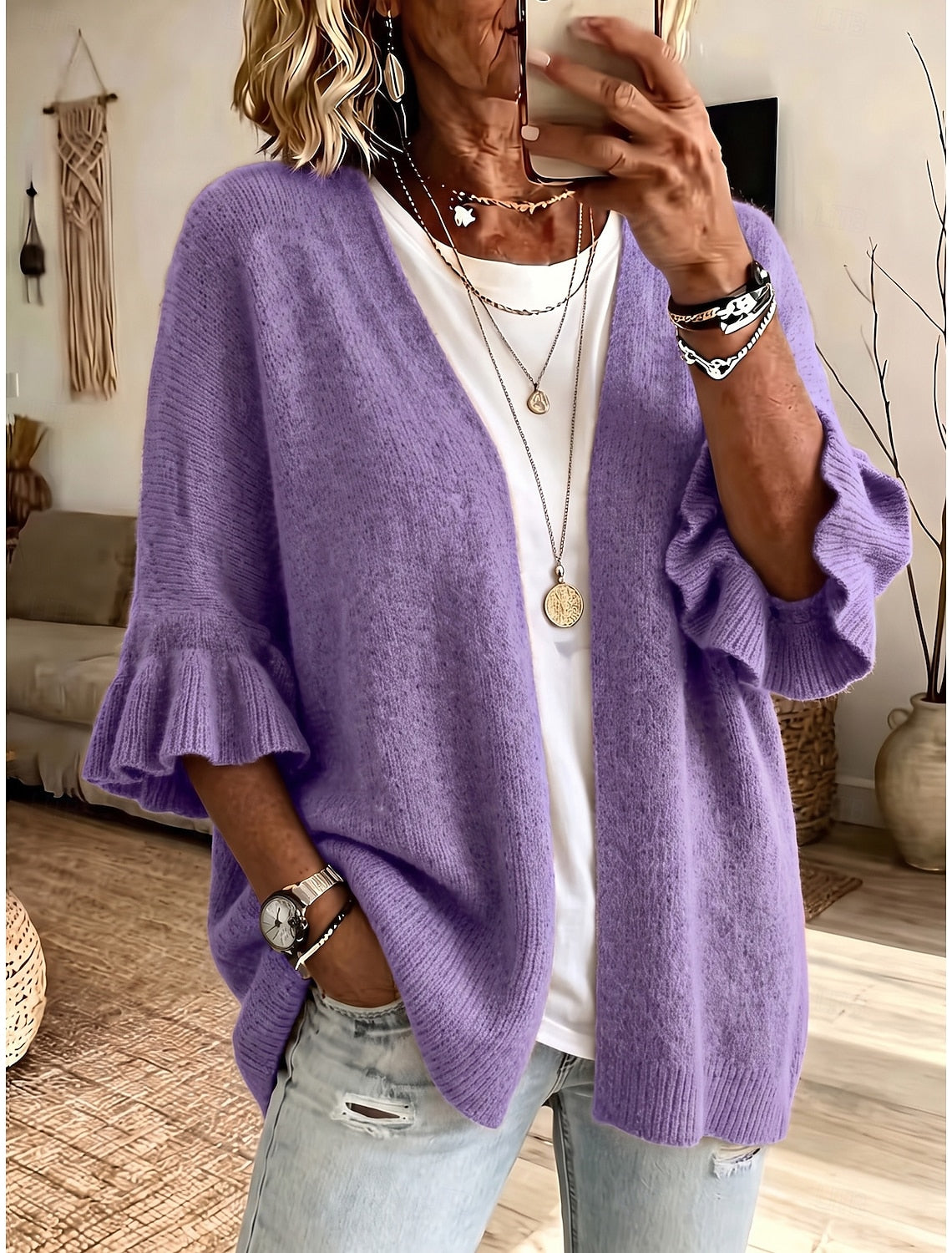 Franziska | Ribbed Open-Front Ruffle-Sleeve Cardigan for Women